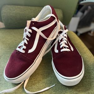 Platform Vans Burgundy with suede front and canvas sides.
